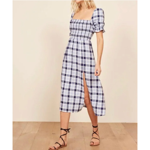 Reformation S Marabella 100% Linen Midi Dress Puff Sleeve Gingham Blue Plaid 4 6 - Picture 4 of 9